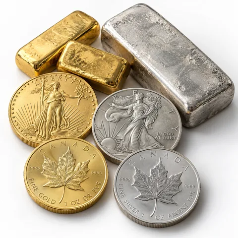 Illustration of gold and silver bars and coins on white