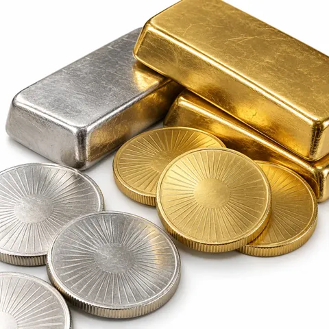 Illustration of gold and silver bars and coins on white