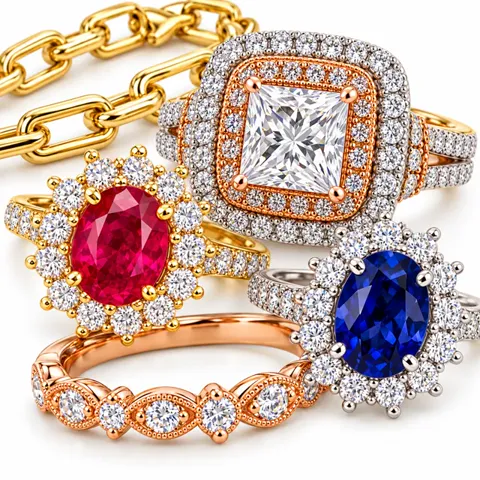 Illustration of mixed-metal jewelry with clear, red and blue stones on white