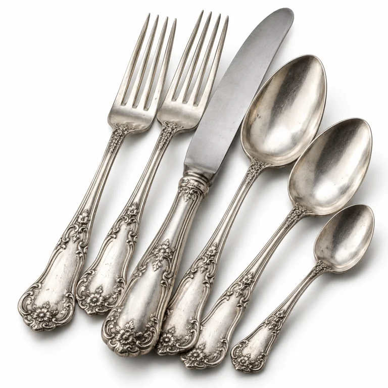 Photorealistic illustration of an antique-style silver flatware set on white