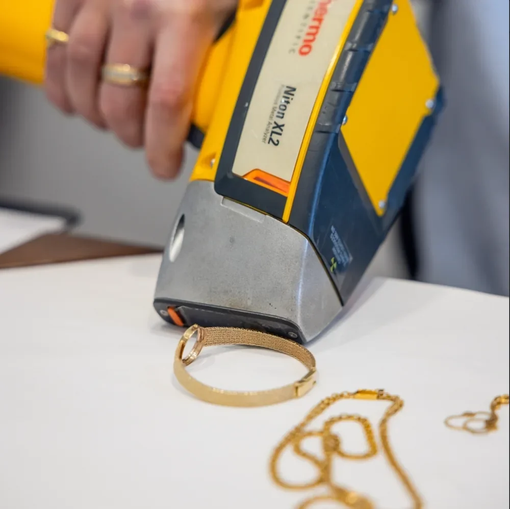 Gold jewelry being tested with SDJB’s metal analyzer